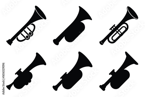 set of black silhouette trumpets on white background musical instruments brass instrument