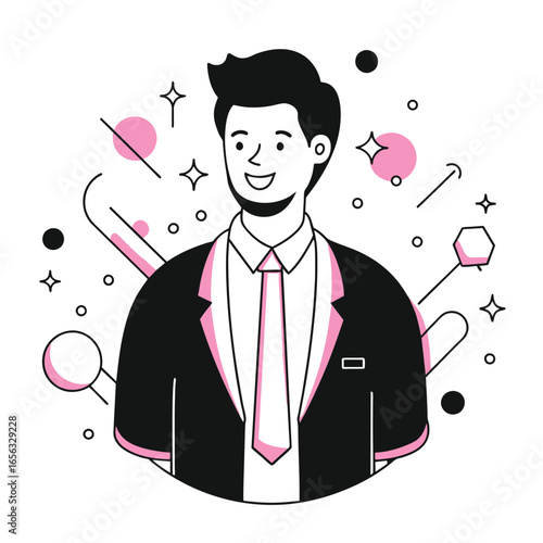 Young man in formal business attire, smiling confidently against a modern abstract background. Professional businessperson in a contemporary setting.