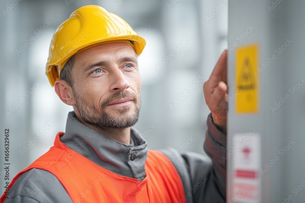 Construction worker assessing project safety industrial site portrait professional environment close-up workplace focus Construction worker assessing project safety industrial site portrait professional environment close-up workplace focus