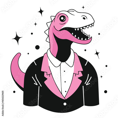 Pink dinosaur in a black and pink suit, smiling broadly, against a white background with scattered stars. Cute, stylized dinosaur with professional attire. fantasy illustration -