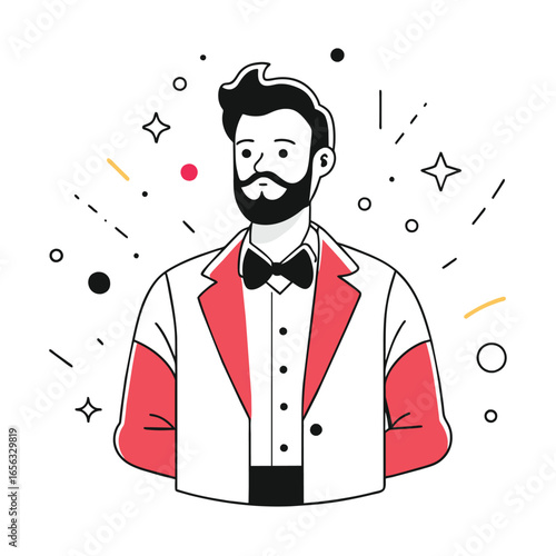 Adult male in formal wear at an event. Man with a beard and bowtie, standing in a formal setting. Businessman in a tuxedo at a gala in New York City -