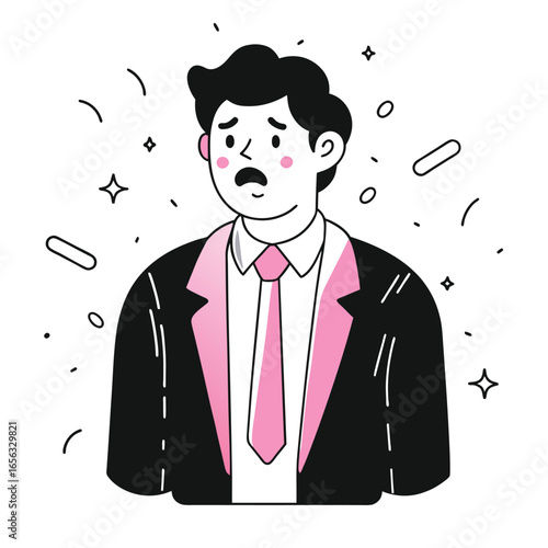 A man in a business suit, expressing surprise or concern, standing in a stylized office setting.