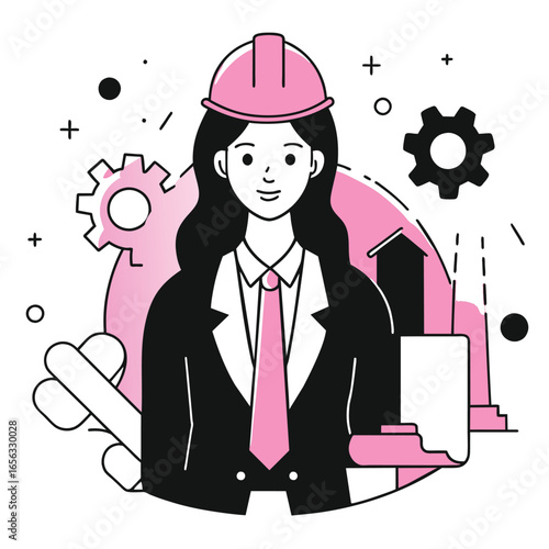 Female engineer in business attire standing confidently with construction/industrial background. Professional woman in a professional role in a modern office setting -