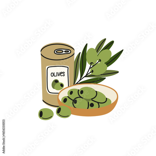 Olive products composition. Jar and canned berries in can, glass bottle on plate, branches with leaves, premium quality, extra virgin, healthy cooking vector cartoon flat style illustration
