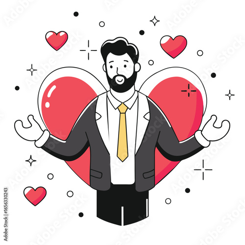 Smiling adult male in business attire with open arms, positioned within a heart-shaped backdrop. Friendly corporate professional welcoming new clients in a modern office setting.