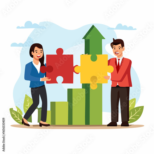 Partnership vector showing puzzle connection with growth chart. Represents teamwork and business collaboration.