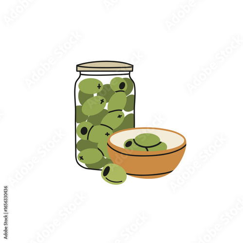 Olives in glass jar, plate with berries. products composition. Canned food, extra virgin, healthy cooking vector cartoon flat style isolated illustration