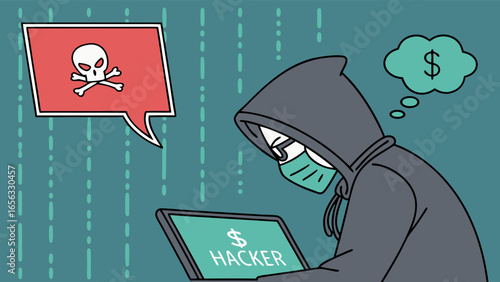 Anonymous Hacker with Laptop and Skull Warning.