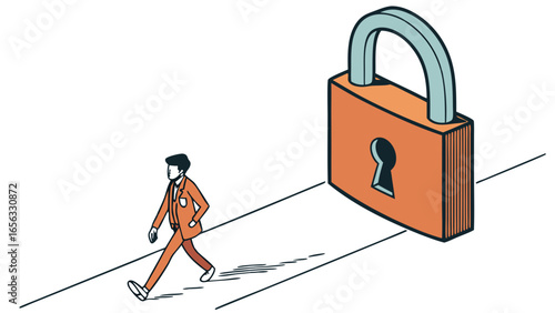 Businessman Walking Towards Large Padlock Illustration.