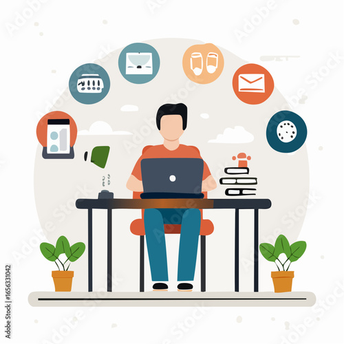 Work-life balance vector with freelancer at desk. Represents productivity, flexibility, and remote lifestyle.