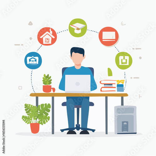 Work-life balance vector with freelancer at desk. Represents productivity, flexibility, and remote lifestyle.