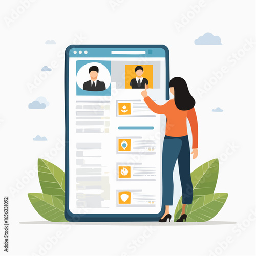 HR hiring vector with manager selecting candidate profile. Perfect for recruitment, job search, and business hiring.