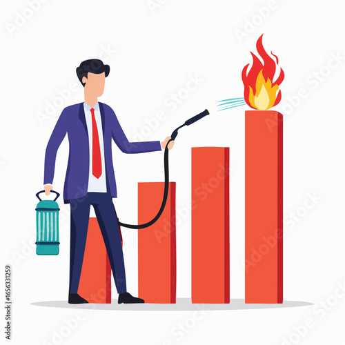 Crisis management vector showing businessman solving financial problem. Represents risk control and business stability.