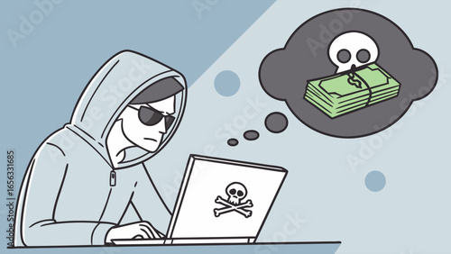Cartoon Hacker with Laptop Planning Cyber Crime for Money.