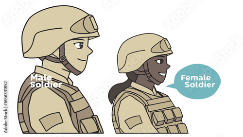 Cartoon Male and Female Soldiers in Uniform and Helmets.