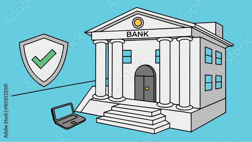 Classic White Bank Building with Ionic Columns and Security Shield.