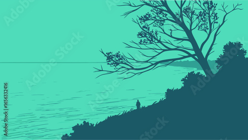 Coastal Scene with Silhouette of Person and Tree.