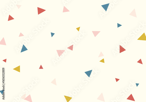 Vector illustration of scattered colorful geometric triangles in pastel and primary colors on a light cream background, creating a playful and modern abstract pattern