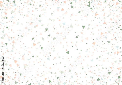 Vector illustration of abstract background with scattered colorful triangles and dots in pastel shades of green and beige, creating a festive and light confettilike texture
