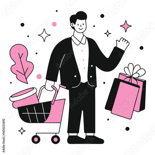 Young man in a suit carrying a shopping cart and bags with gifts in a retail setting. Happy expression and friendly gesture with a shopping spree.