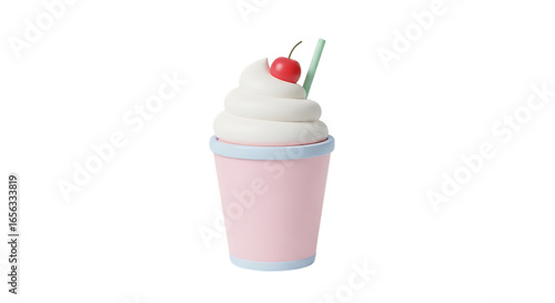 Delicious soft serve ice cream in a pastel pink cup topped with a cherry and a straw, isolated on a transparent background