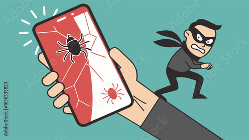 Cracked Smartphone Screen with Virus Bug and Thief.