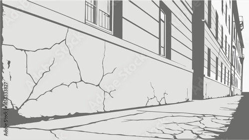 Cracked Building Facade and Pavement Illustration in Gray.