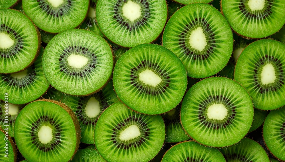 Sliced kiwi fruit showcases vivid green Sliced kiwi fruit showcases vivid green