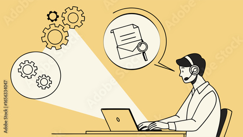 Customer service agent working on laptop solving technical issues.