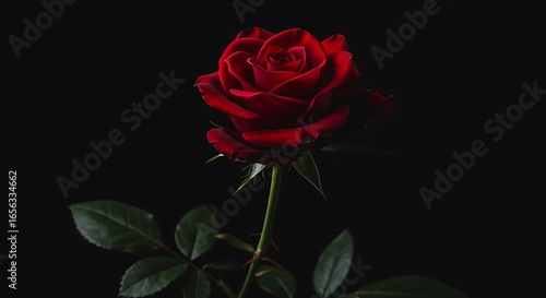 Wallpaper Mural Exquisite Dark Red Rose Bloom with Green Leaves Against Black Background Torontodigital.ca