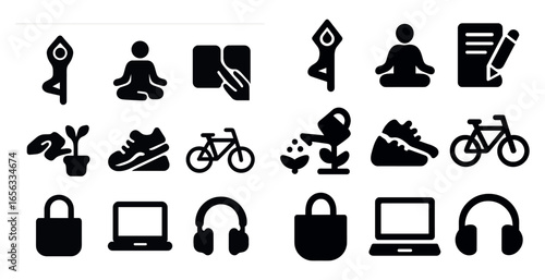 Fitness and productivity solid icons set – silhouette, filled, health and work symbols