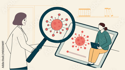 Doctor Examining Virus on Digital Tablet.