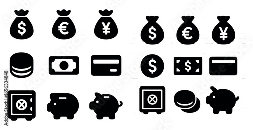 Finance and currency silhouette icons set – banking, economic, cash symbols