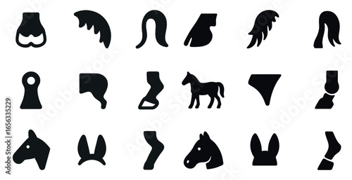 Equestrian silhouette icons set – horse, rider, stable symbols for design