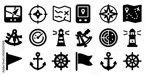 Navigation and exploration icons set – solid, filled, travel and discovery symbols