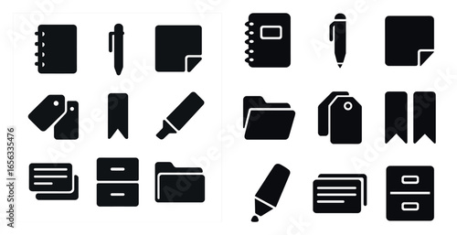 Office and stationery solid icons set – filled, silhouette, work organization symbols