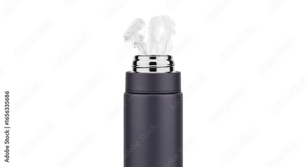Stylish thermal flask with steam rising from the opening on a transparent background perfect for culinary and outdoor uses Stylish thermal flask with steam rising from the opening on a transparent background perfect for culinary and outdoor uses