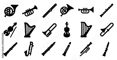 Musical instruments silhouette icons set – solid, filled, orchestra symbols
