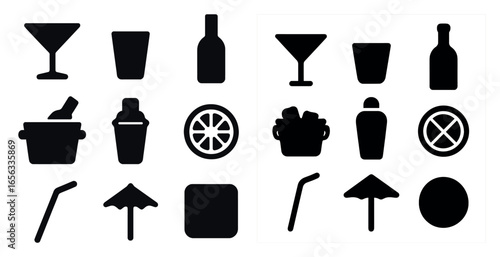 Cocktail and bar solid icons set – filled, silhouette, drink ware symbols