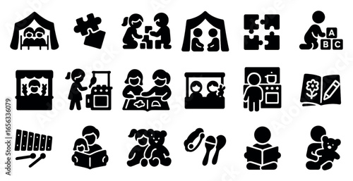 Child education solid icons set – learning, development, silhouette symbols