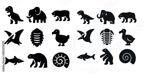 Prehistoric animals silhouette icons set – flat, outline, dinosaur and fossil symbols
