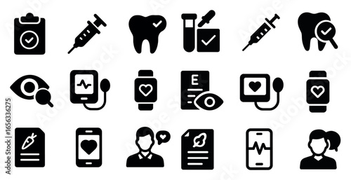 Healthcare and medical solid icons set – filled, health, wellness symbols