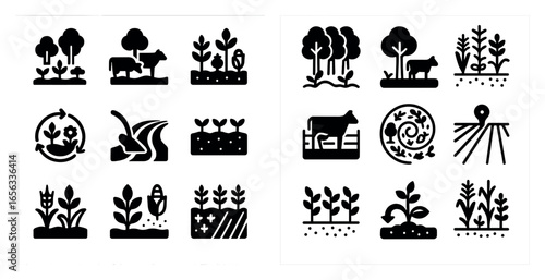 Agriculture and farming solid icons set – flat, filled, gardening and cultivation symbols
