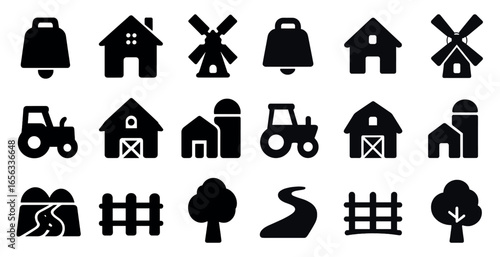 Farm and agriculture outline icons set – solid, filled, rural and countryside symbols