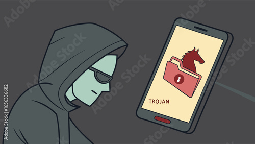 Digital Trojan Horse Malware on Smartphone Screen.