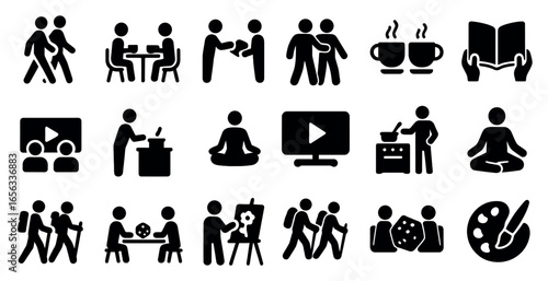 Community and activity icons set – solid, silhouette, social engagement symbols