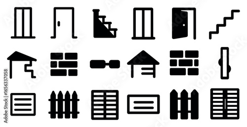 Home exterior silhouette icons set – solid, outline, architecture and construction symbols