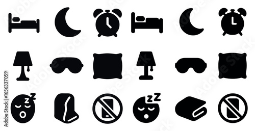 Sleep and relaxation silhouette icons set – filled, bedtime and rest symbols