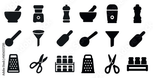 Kitchen utensils filled icons set – flat, solid, cooking and culinary tools