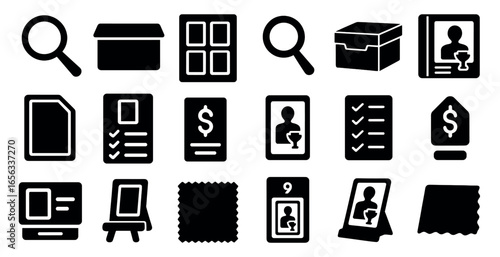 Document management solid icons set – silhouette, filled, archive and organization tools